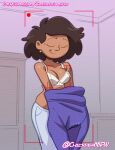  2024 amphibia bra brown_hair chickpea closed_eyes color colored dark-skinned_female disney disney_channel earrings filming milf mrs._boonchuy oum_boonchuy purple_sweater recording smile sweater taking_off_shirt undressing voyeur voyeurism 