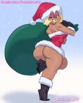 1girl ass bag big_ass blonde_hair blue_background boots carol_kincaid cartoon_network chickpea christmas christmas_outfit color colored female_only gloves gradient_background high_heels holding_bag huge_ass looking_over_shoulder ok_k.o.!_let&#039;s_be_heroes pinup santa_costume santa_hat short_hair simple_background smile snow snowing tooth_gap
