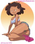 1girl 2023 amphibia bedroom_eyes brown_hair chickpea colored dark-skinned_female disney disney_channel earrings female_only high_heels jean_shorts looking_at_viewer milf mrs._boonchuy orange_background oum_boonchuy pinup seductive seductive_smile sfw short_hair short_shorts short_top simple_background straight_hair wedding_ring