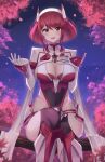 1girl alluring alternate_costume big_breasts chest_jewel cleavage doiparuni hand_on_own_chest high_res hip_vent looking_at_viewer milf night nintendo pyra pyra_(prototype) red_eyes red_hair short_hair sitting xenoblade_(series) xenoblade_chronicles_2