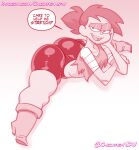 1girl 2024 ass bedroom_eyes big_ass boots bubble_butt cartoon_network chickpea clothed_female dialogue english_text enid enid_mettle female_only gradient_background huge_ass monochrome ok_k.o.!_let&#039;s_be_heroes presenting_hindquarters red_background red_theme sfw simple_background smile speaking_to_viewer speech_bubble split stretching text