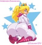  1girl 2022 ascot ass ass_focus big_ass blonde_hair blue_background blue_eyes bodysuit boots cameltoe chickpea clothing colored crown female_only full_body fully_clothed huge_ass kneel kneepads looking_at_viewer looking_back looking_over_shoulder mario_(series) nintendo open_mouth png ponytail presenting_hindquarters princess_peach signature simple_background skin_tight star star_background super_mario_bros._(2023_film) tight_clothing white_background 
