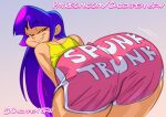 1girl 2023 asian_female ass ass_focus bedroom_eyes big_ass biting_lip booty_shorts bubble_butt chickpea colored english_text female_only glitch_techs gradient_background huge_ass long_hair looking_over_shoulder miko_kubota motion_lines nickelodeon presenting_hindquarters purple_background purple_hair seductive_smile sfw short_shorts simple_background smile smug