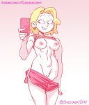 1girl 2024 amphibia amphibia_(finale) athletic_female blonde_hair breasts cellphone chickpea earrings female_only gradient_background gym_shorts holding_phone looking_at_phone mole mole_under_eye nipples pants_down phone pink_background pussy sasha_waybright selfpic shirt_up short_hair short_shorts shorts simple_background smartphone smile taking_picture uncensored
