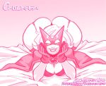 1girl 2022 ass big_ass breasts cape capelet chickpea crimson_terror expressive_mask eyemask fat_ass female_only gloves huge_ass looking_at_viewer mask masked_female massive_ass monochrome on_bed original original_character pink_background pink_theme simple_background smile spandex superhero_costume supervillain supervillainess villainess