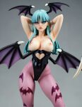  ai_generated angry_face bat_wings batwings bodysuit breasts breasts_out breasts_out_of_clothes darkstalkers figure glowing_eyes green_eyes green_hair hands hands_behind_back long_hair morrigan_aensland pantyhose pink_eyes vampire_savior white_skin wings_on_head 