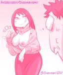 2022 bedroom_eyes beru_asui big_breasts breast_awe breasts chickpea dilf exposed_breasts flashing flashing_breasts ganma_asui gradient_background husband_and_wife licking_lips looking_at_breasts milf monochrome my_hero_academia nipples pink_background pink_theme simple_background surprised sweater