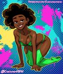 1girl 2020s 2023 adria_lafayette african african_female bedroom_eyes black_hair bra breasts brown_hair chickpea cleavage colored colored_background colorful dark-skinned_female disney disney_channel earrings female_only garter_belt huge_ass kneel lingerie looking_at_viewer marvel marvel_comics milf moon_girl_and_devil_dinosaur on_all_fours seductive smile stockings thick_thighs