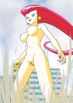  1girl blue_eyes city earrings giantess long_hair musashi_(pokemon) navel nude pokemon pussy red_hair solo team_rocket 