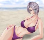  1041_(toshikazu) 1girl abs alluring beach bikini blue_eyes breasts cleavage hand_on_leg insanely_hot isabella_valentine looking_at_viewer lying muscle nail_polish namco on_side pink_nails purple_bikini silver_hair solo soul_calibur soulcalibur swimsuit 