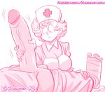 1boy 1girl 2022 apron big_penis cast chickpea clothed clothed_female dragon_ball dragon_ball_z hand_on_penis handjob huge_breasts huge_cock huge_penis looking_at_penis male male/female monochrome motion_lines no_background nurse nurse_(dragon_ball_z) nurse_cap nurse_uniform pink_theme son_goku straight toes uncensored veiny_penis white_background