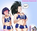  1boy 1girl 2023 5girls big_breasts black_hair blue_background blush characters_in_the_background chickpea color colored crop_top dialogue english_text female_focus gloves hagakure_tooru_(invisible) invisible_girl kyoka_jiro long_hair looking_at_another looking_down male medium_support_(meme) meme mina_ashido minoru_mineta momo_yaoyorozu motion_lines multiple_girls my_hero_academia pink_hair pink_skin short_hair short_shorts simple_background speech_bubble text tied_up_male tooru_hagakure tooru_hagakure_(invisible) tsuyu_asui very_long_hair workout_clothes yaoyorozu_momo yuri 