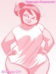 1girl 2023 asian_female bbw bottomless chickpea chubby chubby_female disney disney_channel female_only gradient_background hands_on_hips milf monochrome pink_background pink_theme sharon_mcgee shirt shirt_only simple_background smile t-shirt the_ghost_and_molly_mcgee