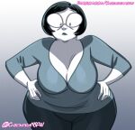 1girl 2023 anya&#039;s_ghost bbw big_breasts chickpea clothed female_only glasses gradient_background grey_background grey_theme hands_on_hips huge_breasts looking_at_viewer milf mrs._borzakovskaya sfw short_hair simple_background