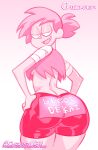  1girl 1girls 2022 bedroom_eyes big_ass big_ass cartoon_network chickpea enid female_only gradient_background hands_on_hips hot_pants huge_ass huge_ass looking_over_shoulder monochrome ok_k.o.!_let&#039;s_be_heroes pink_background pink_theme ponytail simple_background snaggle_tooth sugoi_dekai 
