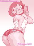 1girl 2023 ass big_ass bubble_butt camila_noceda cellphone chickpea dark-skinned_female disney disney_channel ear_piercing fat_ass female_only glasses gradient_background hand_on_hip holding_phone huge_ass looking_over_shoulder milf minishorts monochrome phone pink_background pink_theme presenting_hindquarters selfpic short_hair short_shorts shorts simple_background smile tank_top the_owl_house thick_thighs thighs