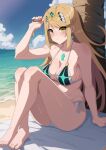  1girl absurd_res alluring arm_support beach big_breasts bikini blanket blonde_hair blush chest_jewel cleavage cloud cloudy_sky core_crystal_(xenoblade) crossed_legs drop_earrings earrings feet full_body gem guilegaze hand_in_own_hair headpiece high_res jewelry long_hair looking_at_viewer mythra nintendo on_ground outside sand side-tie_bikini_bottom sideboob sidelocks sitting sky swept_bangs swimsuit tiara water xenoblade_(series) xenoblade_chronicles_2 yellow_eyes 