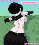  1girl 2023 4chan ass avatar:_the_last_airbender belt black_hair blue_background breasts bush bushes chickpea colored facing_away female_focus female_only flashing goph goth goth_girl nickelodeon outside pale_skin spiked_belt spiked_hairband toph_bei_fong 