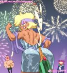 1girl 2023 alcohol bisexual_panic blonde_hair bottle carol_(ok_k.o.!_let&#039;s_be_heroes) carol_kincaid cartoon_network champagne chickpea color colored dress earrings fireworks flexing flustered headband lipstick makeup male muscular_female new_year ok_k.o.!_let&#039;s_be_heroes open-back_dress short_hair smile teeth_gap tooth_gap