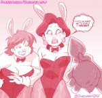  1girl 2023 2_girls anal anal_tail bbw blush bowtie bunny_costume bunny_ears buttplug buttplug_tail chickpea collar dialogue disney earrings embarrassed english_text female_focus gradient_background large_buttplug lily_(turning_red) lily_lee looking_at_another milf ming_lee monochrome open_mouth pink_background pink_theme pixar sex_toy short_hair simple_background smile speech_bubble sweat sweating text turning_red 