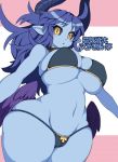  1girl :&lt; asmodeus_(shinrabanshou) belly big_breasts bikini black_sclera blue_hair blue_skin blush breasts cleavage demon_girl hair horns large_breasts long_hair navel nukki open_mouth pointy_ears shinrabanshou skindentation slit_pupils solo swimsuit thick_thighs thighs underboob wide_hips wings yellow_eyes 