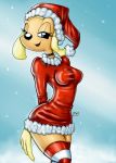  anthro blonde_hair blue_eyes christmas dog furry hat santa_costume santa_hat solo 