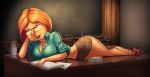 1girl bare_midriff breasts cartoon_milf chalkboard classroom cleavage desk family_guy female_only glasses heels high_heels huge_breasts lois_griffin looking_at_viewer milf mini_skirt miniskirt on_desk on_side reclining redhead sex_ed shoes skirt strike-force teacher