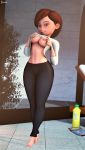  breasts flashing helen_parr nipples smile sweater_lift the_incredibles thighs yoga_pants 