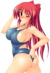  1girl adjusting_clothes adjusting_swimsuit ass big_breasts bikini blush bow breasts brown_hair cleavage kousaka_tamaki large_breasts long_hair mound_of_venus navel one-piece_swimsuit one_eye_closed popsicle red_hair school_swimsuit side-tie_bikini solo striped striped_bikini striped_swimsuit sweat swimsuit to_heart to_heart_2 undersized_clothes water wet wink zekkyon 