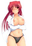  1girl ;) areolae bangs belly big_breasts bikini black_panties blush bow breast_hold breasts brown_eyes cleavage collarbone crossed_arms curvy dress_shirt groin hair head_tilt hips kousaka_tamaki large_breasts long_hair looking_at_viewer midriff mound_of_venus navel nearly_naked_shirt nipples no_bra no_pants nose_blush one_eye_closed open_clothes open_shirt panties popsicle red_eyes red_hair shiny shiny_skin shirt side-tie_bikini simple_background smile solo standing straight_hair striped striped_bikini striped_swimsuit swimsuit to_heart to_heart_2 undersized_clothes underwear very_long_hair water wet white_background wink zekkyon 