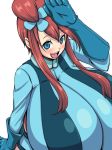  1girl blue_eyes breasts fuuro_(pokemon) gigantic_breasts gloves gym_leader humans_of_pokemon inu1tou open_mouth pokemon porkyman red_hair skyla_(pokemon) 
