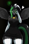 anthro big_breasts black_background breasts clothed clothing crown dress elbow_gloves equine female furry gloves glowing_eyes green_eyes hair heart horn horse kamihari_darkstar long_hair looking_at_viewer multicolored_hair my_little_pony necklace original_character plain_background smile socks solo sssonic2 standing wide_hips winged_unicorn wings
