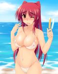  1girl belly big_breasts bikini blush bow breasts brown_eyes cleavage hair kousaka_tamaki large_breasts long_hair midriff mound_of_venus navel one_eye_closed open_mouth popsicle red_hair see-through side-tie_bikini smile solo striped striped_bikini striped_swimsuit swimsuit to_heart to_heart_2 undersized_clothes water wet wink zekkyon 