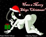  ass black_hair christmas green_eyes green_lipstick hat lipstick long_hair looking_back nude present santa_hat shego 