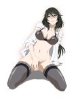  1girl alternate_legwear black_bra black_hair black_legwear black_thighhighs blush bottomless bra breasts brown_eyes covering covering_crotch hands high_res highres infinite_stratos legwear lingerie long_hair navel nipples no_panties open_clothes open_shirt orimura_chifuyu pubic_hair sabachiyo_land see-through shirt simple_background sleeves_rolled_up solo stockings thighhighs uncensored underwear white_background 