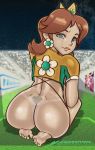  1girl ass blue_eyes bottomless crown earrings female female_human female_only flower_earrings human looking_at_viewer looking_back mostly_nude no_panties princess_daisy solo super_mario_bros. 