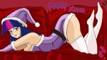  1_girl 1girl christmas clothed female female_only friendship_is_magic gloves hat humanized light_skin long_hair looking_at_viewer multicolored_hair my_little_pony purple_eyes santa_costume santa_hat solo stockings text twilight_sparkle twilight_sparkle_(mlp) 