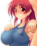  1girl big_breasts bikini blush bow breasts cleavage kousaka_tamaki long_hair mound_of_venus navel penis penis_under_clothes popsicle red_eyes red_hair side-tie_bikini solo striped striped_bikini striped_swimsuit swimsuit to_heart to_heart_2 uncensored undersized_clothes water wet wink zekkyon 
