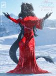  big_breasts black_hair blue_eyes breasts christmas dragon dress female fingerless_gloves gloves horn lipstick long_hair looking_at_viewer mountain reptile scalie smile snow solo walter_sache 