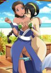  2_girls 2girls avatar:_the_last_airbender blush breast_grab breasts clothed_female_nude_female dark_skin female/female female_only katara nipples panties panties_around_legs toph_bei_fong yuri yuri_haven 
