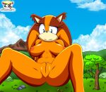  1girl 1girl anthro badger blue_eyes blue_sky breasts chaosknight_1 clitoris cloud detailed_background eyelashes frustrated fur furry giantess grass macro mammal mountain mustelid musteline nipples nude orange_fur outside pussy rock sega sitting sky sonic_boom sonic_the_hedgehog_(series) spread_legs spreading sticks_the_jungle_badger tree 