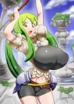  1girl breasts brown_eyes female gradient_hair green_hair high_res highres histamine_c huge_breasts long_hair multicolored_hair open_mouth original outdoors outside shorts solo sumi-chan_(sachito) sword twin_tails twintails weapon 