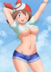  1girl alluring blue_eyes breasts_focus brown_hair day erect_nipples_under_clothes female female_human female_only happy haruka_(pokemon) human large_breasts may may_(pokemon) no_bra one_eye_closed outside pokemon pokemon_character shiny_skin shirt_lift short_shorts solo standing under_boob zel-sama 