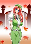  1girl blue_eyes braid breasts chinese_clothes female hat head_tilt high_res highres histamine_c hong_meiling huge_breasts leaf long_hair long_skirt outdoors outside red_hair skirt solo touhou 