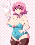  1girl bad_id bare_shoulders belly breasts chubby cleavage female hair huge_breasts midriff moisture moisture_(chichi) navel pink_eyes pink_hair plump polka_dot polka_dot_background saigyouji_yuyuko short_hair slightly_chubby smile solo stockings thick_thighs thighhighs thighs touhou wrist_cuffs 