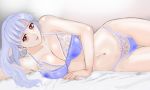 1girl big_breasts blue_bra blue_panties blush breasts character_request gundam lingerie long_hair lying momio navel on_side red_eyes silver_hair smile solo underwear
