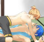 2boys all_fours aqua_eyes arm arm_support arms art artist_request back bare_arms bare_back blonde_hair blue_eyes blue_hair blue_nails blue_scarf duo eye_contact green_eyes hair kaito looking_at_another lying male_nipples multiple_boys nail_polish naughty_face neck nipples nude on_back open_mouth parted_lips restrained scarf short_hair short_ponytail shorts smile vocaloid yaoi 