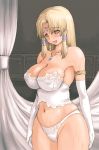 1girl armlet bare_shoulders belly big_breasts blonde_hair blue_eyes breasts bustier corset covered_nipples curtains deltabox elbow_gloves erect_nipples gloves hair hair_tubes ishida_masayuki jewelry lingerie navel necklace open_mouth original original_character panties skindentation solo sweat tiara underwear white_gloves white_panties