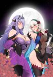  2_girls absurd_res big_breasts blush camilla_(alluring_darkness)_(fire_emblem) camilla_(fire_emblem) cleavage corrin_(fire_emblem) corrin_(fire_emblem)_(female) corrin_(resplendent)_(fire_emblem)_(female) covered_navel dress fire_emblem fire_emblem_fates fire_emblem_heroes flower grey_hair hair_flower hair_ornament hairband high_res ihsnet long_hair looking_at_another moon multiple_girls nintendo official_alternate_costume pointy_ears purple_hair sash see-through see-through_cleavage stockings tiara very_long_hair yuri 