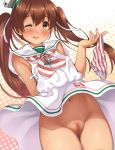  bow_panties brown_eyes brown_hair dress_lift embarrassed exhibitionism exposed_anus female_only holding_panties kantai_collection libeccio_(kantai_collection) looking_at_viewer no_panties one_eye_closed panties_removed ren_san shaved_pussy smile striped_panties twintails wind_lift 